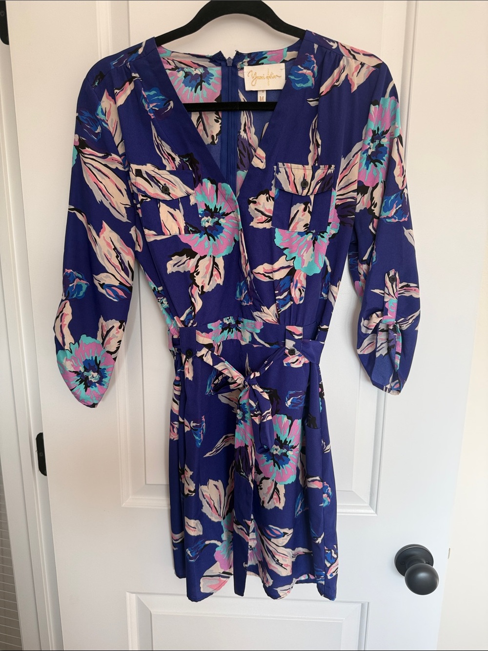 Floral V-Neck Belted Women’s Dress in Royal Blue